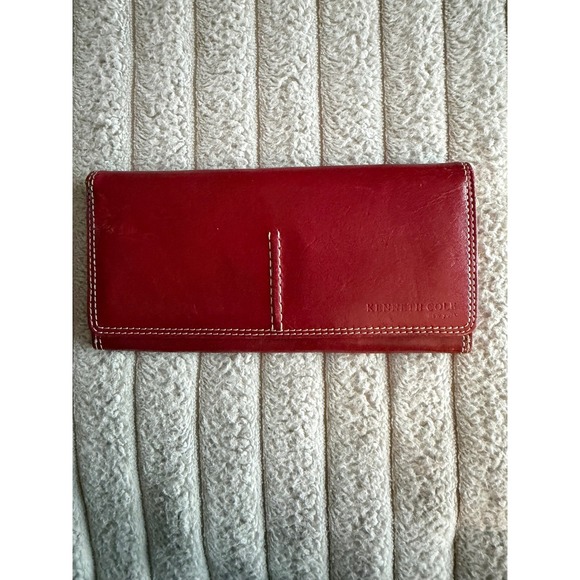 Kenneth Cole New York Handbags - Kenneth Cole New York Red Leather Continental Trifold Wallet White Stitching